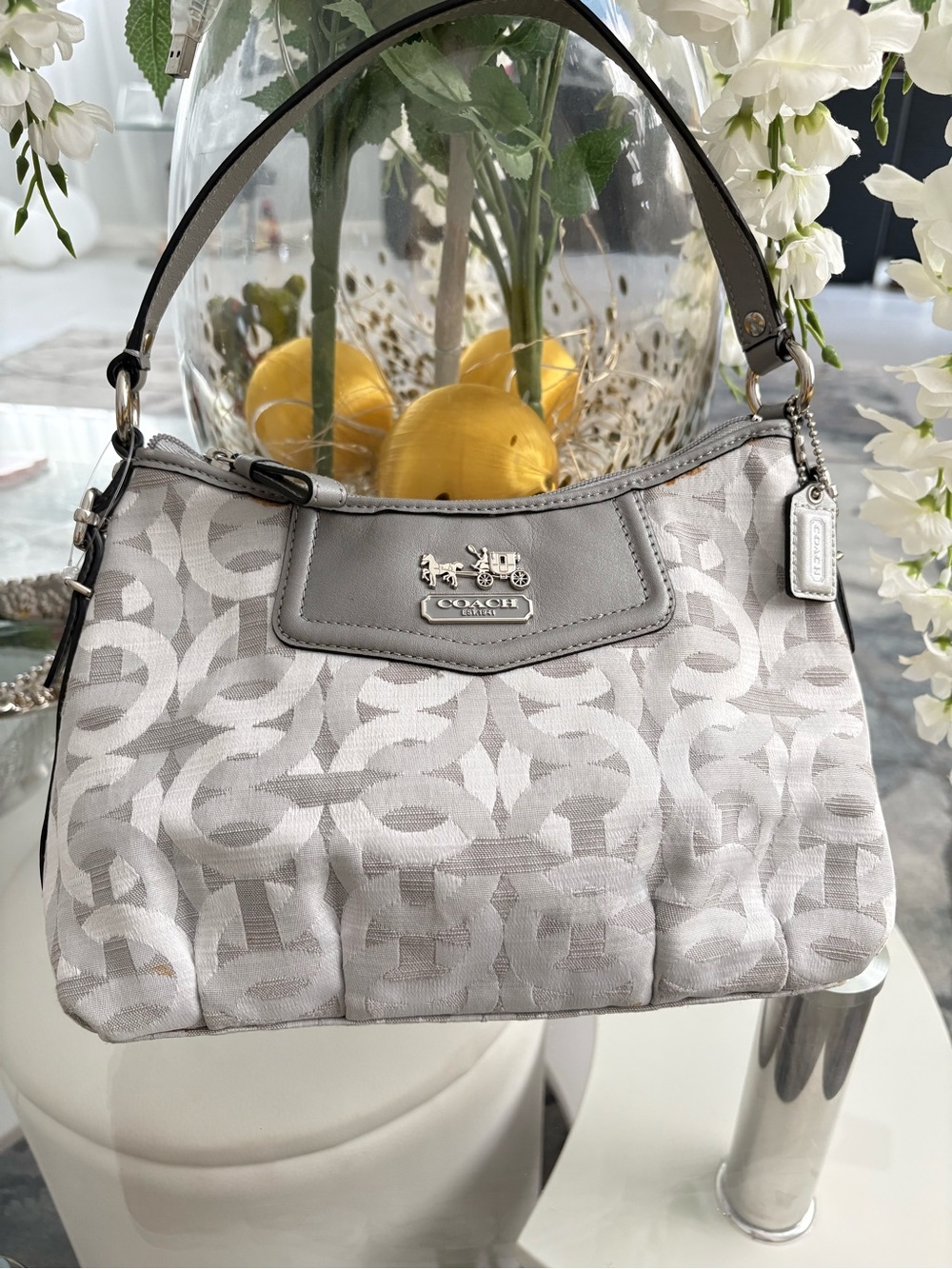 Coach Silver Signature Jacquard Shoulder Bag with Leather Trim